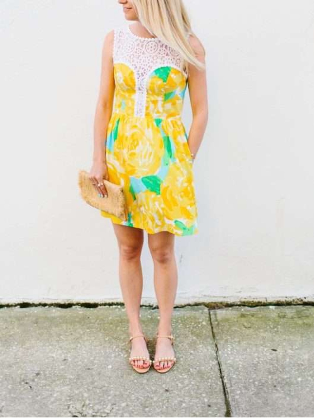 Lily Pulitzer Yellow Floral Mini Summer Dress with Cream Lace Yoke